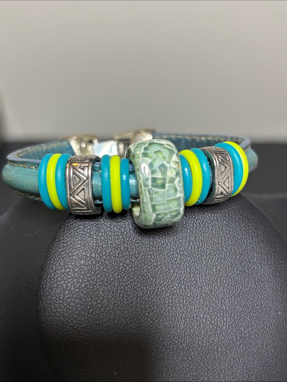 Ceramic Leather Boho Blue Green Beaded  Bracelet - Picture 6 of 7